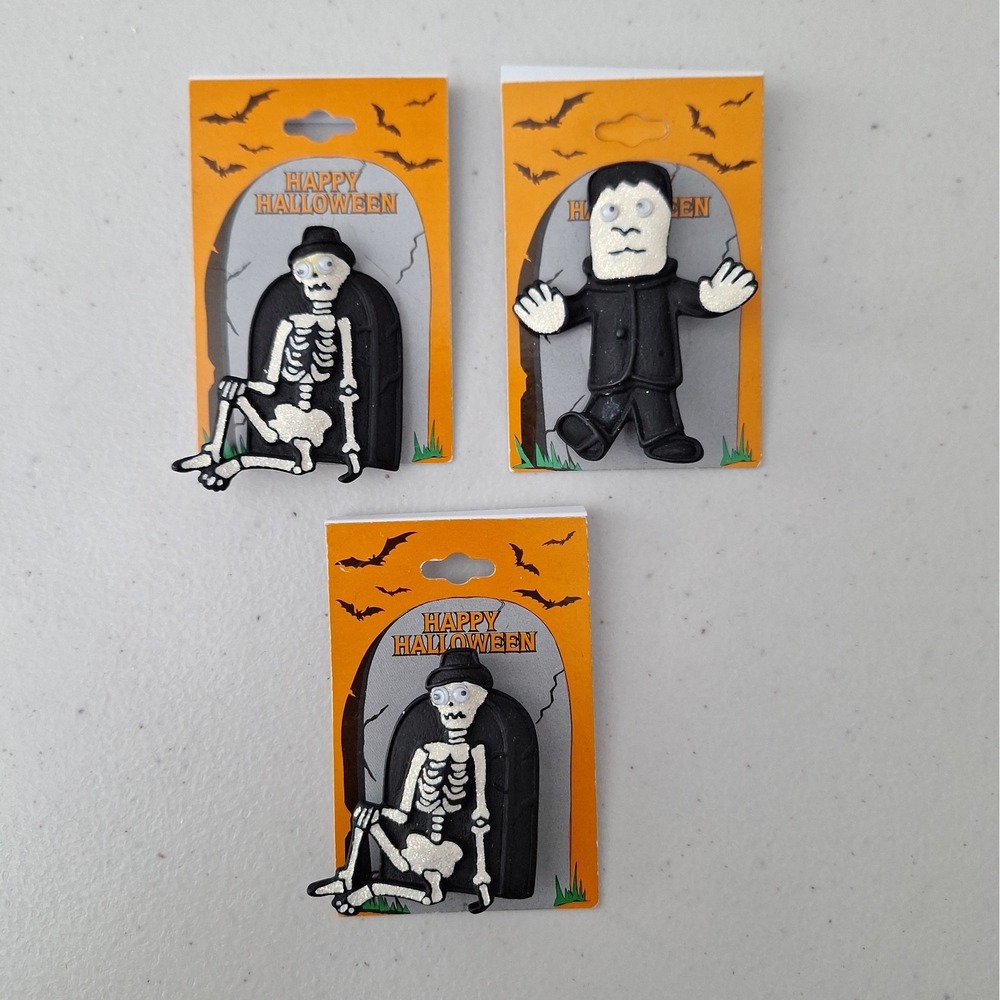 Vintage Troutmans Emporium Halloween Pins NEW Googly Eye Skeleton Frankenstein